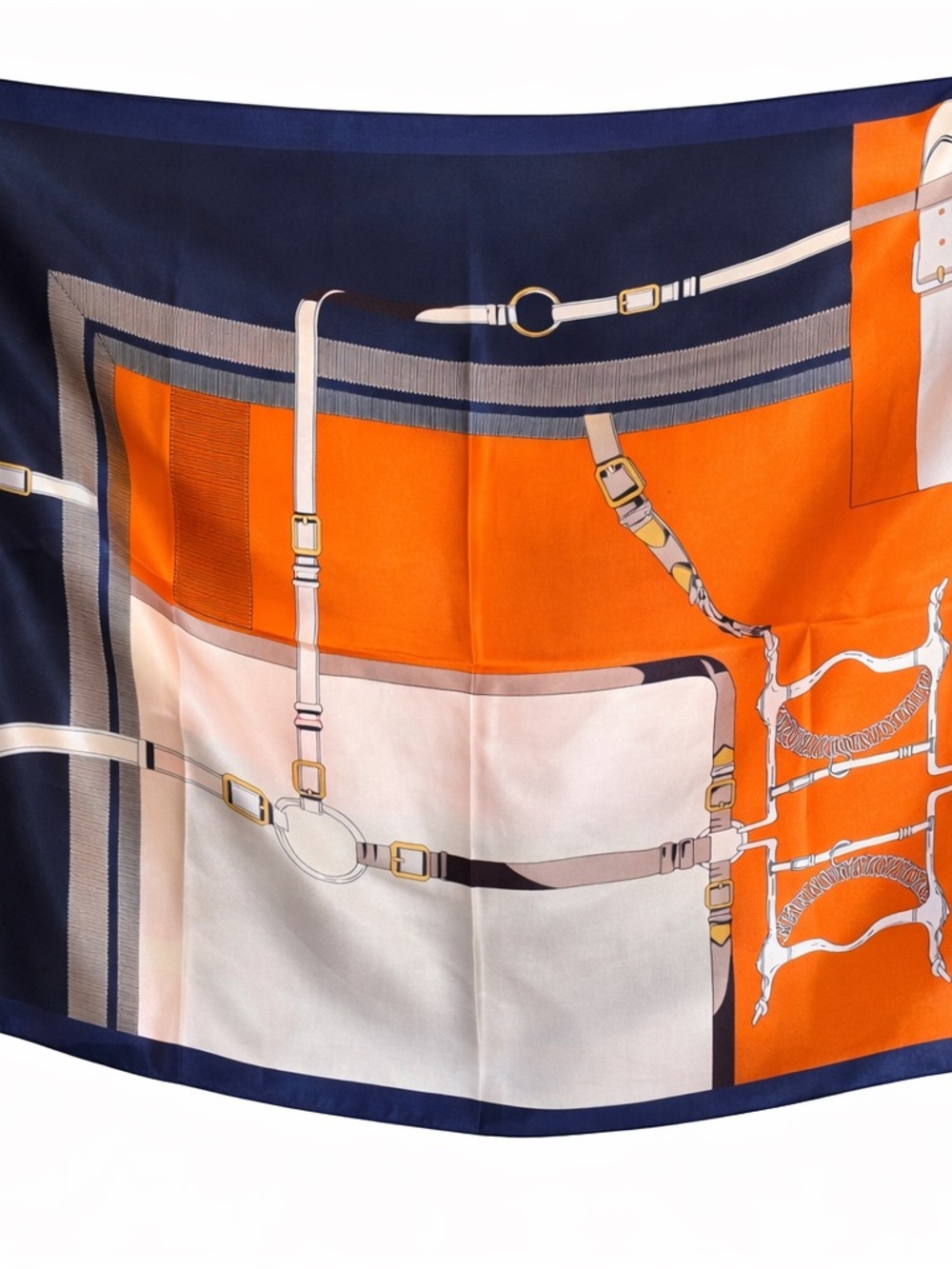 Silky Navy & Orange Fashion Scarf - Classic Equestrian Print‎